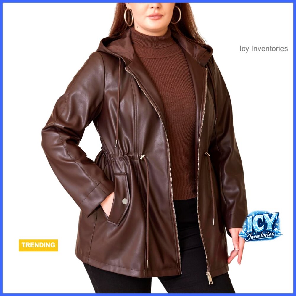 Faux Leather Motorcycle Jacket Plus Size Hooded Trench Coat